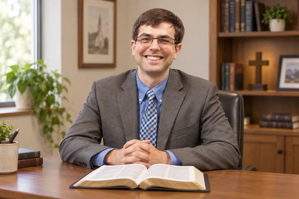 Pastor Samuel Luppino seated at a desk with an open Bible