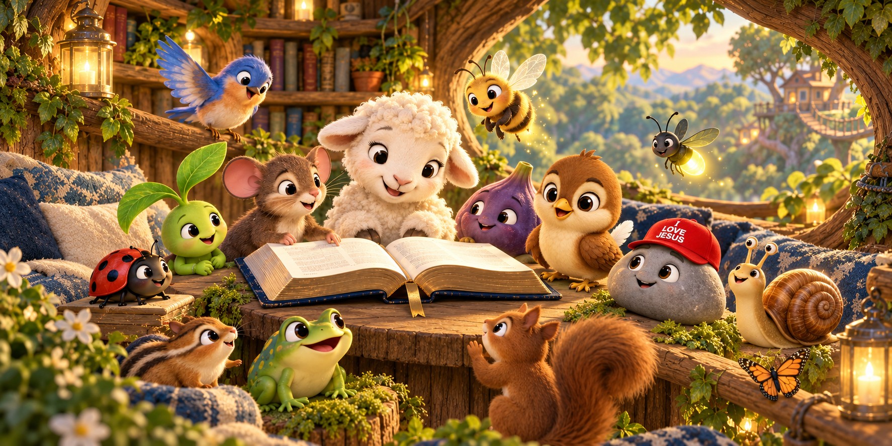 Pip, Pebble in his red cap, and woodland friends gathered around an open Bible in a cozy treehouse