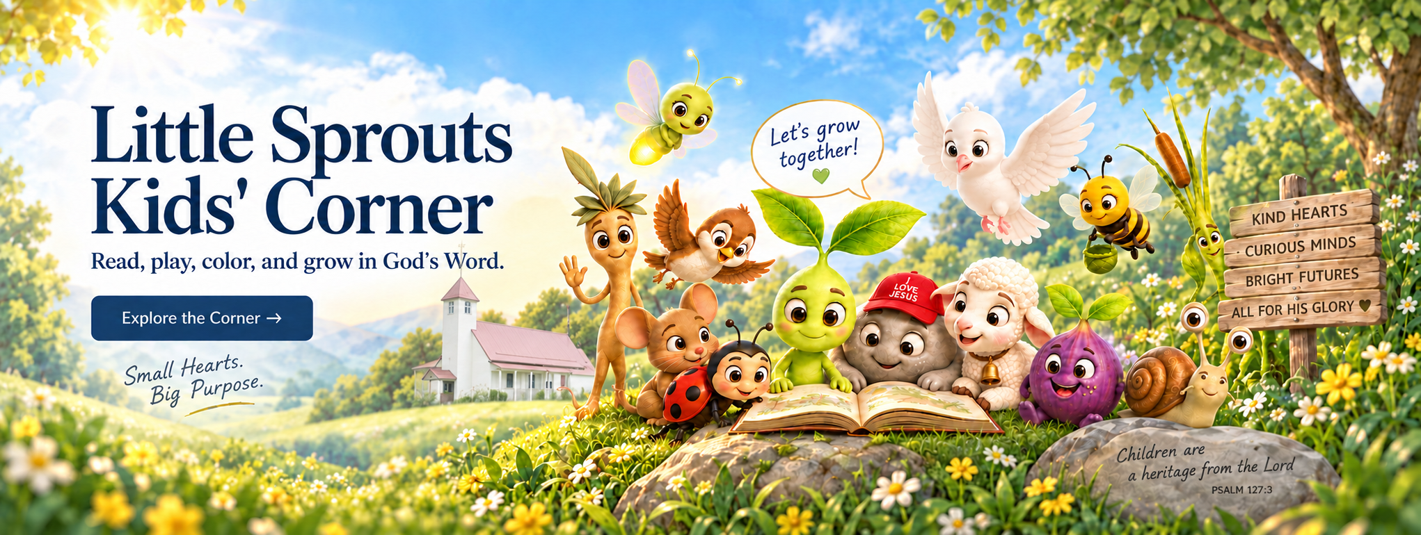 Sprout and all his Little Sprouts friends gathered around an open Bible with Alderson Missionary Baptist Church in the sunny meadow behind them. Little Sprouts Kids’ Corner: Read, play, color, and grow in God’s Word.