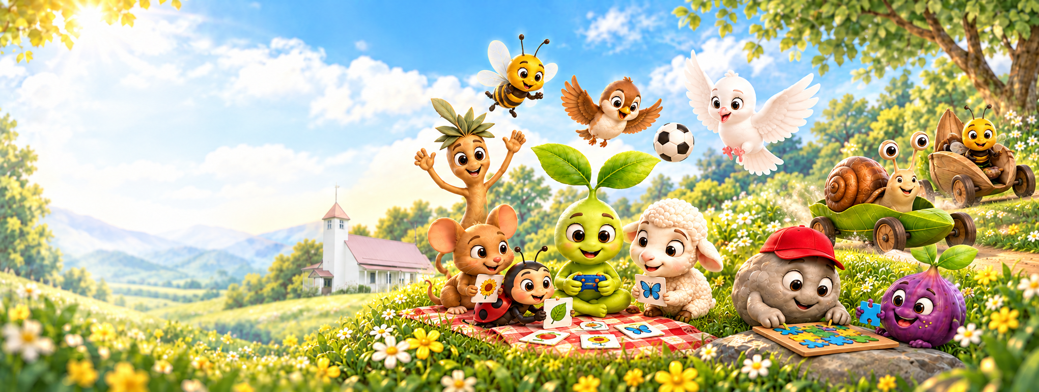 Little Sprouts friends playing ball, racing, matching cards, putting together a puzzle, and playing a video game in a sunny meadow