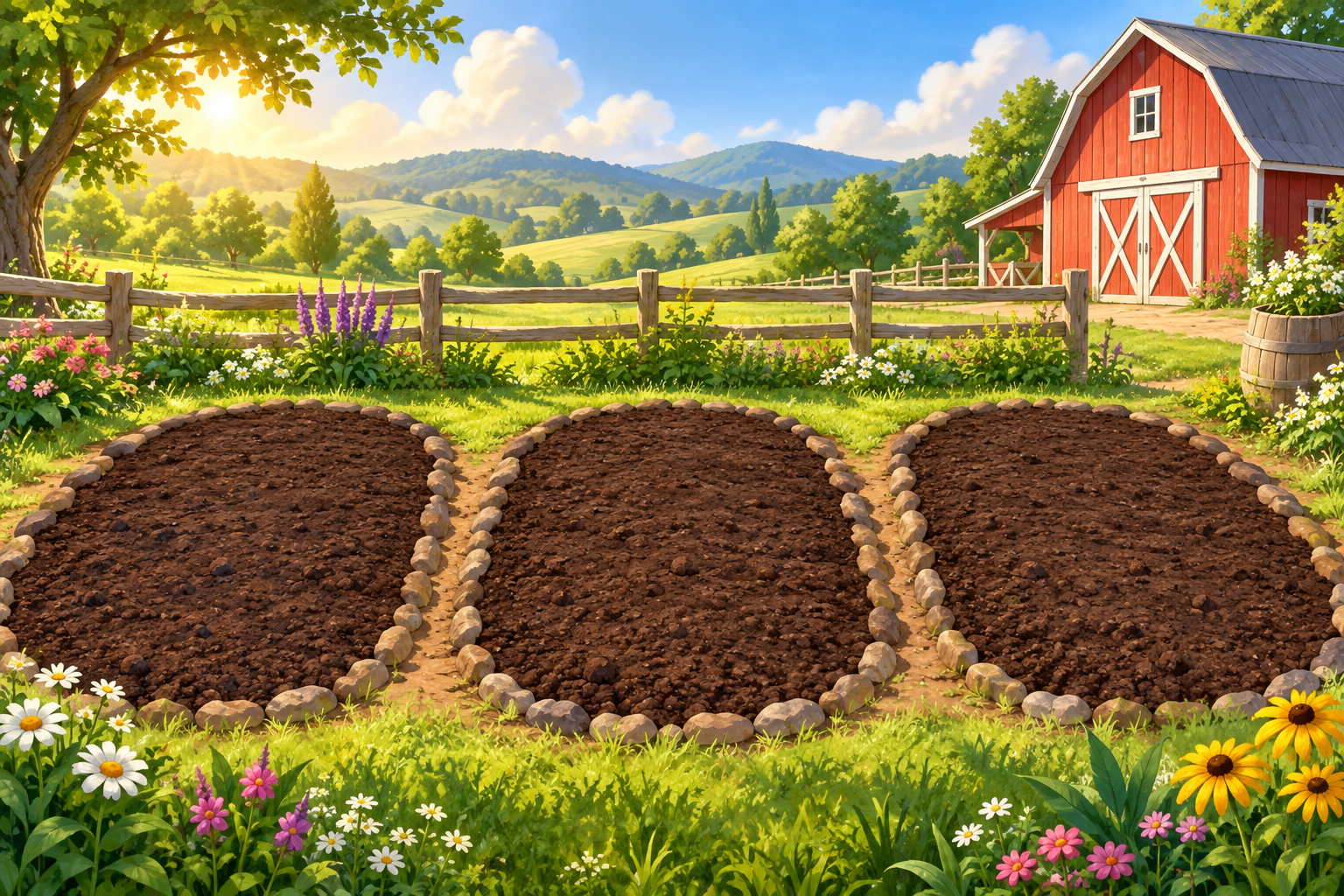 Three empty soil beds ready for corn, carrots, and tomatoes