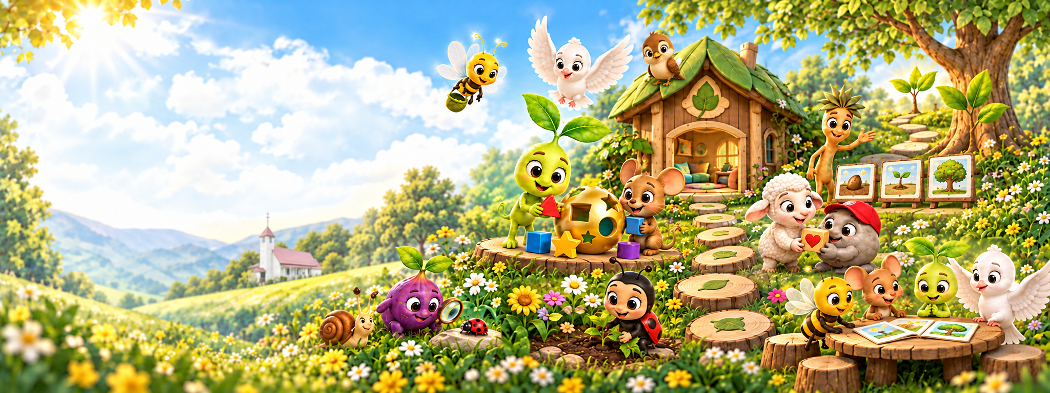 Sprout and his friends gathered in a bright meadow